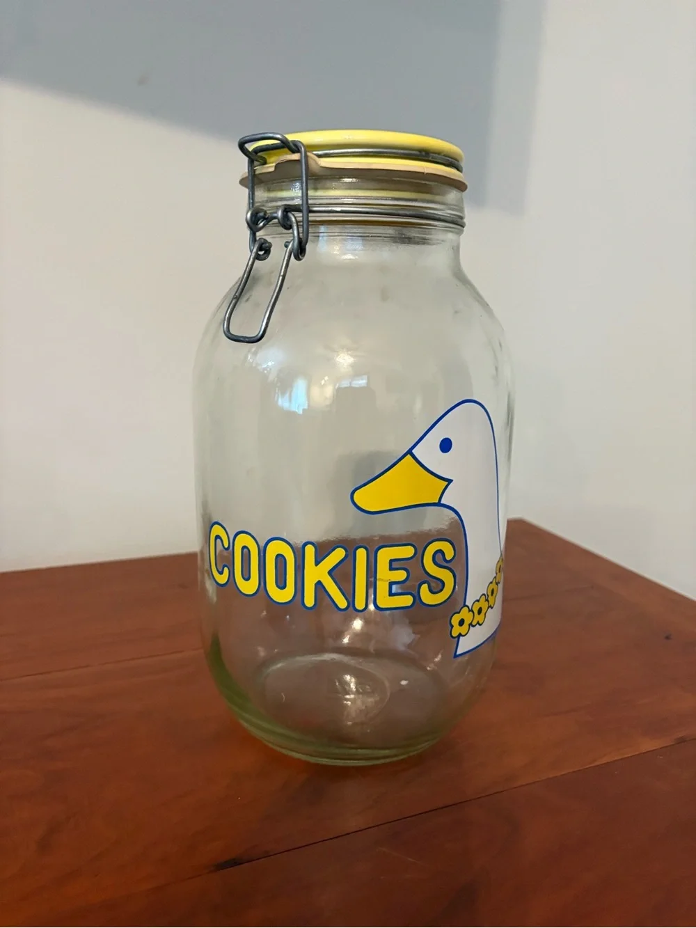 Vintage Carlton Goose Glass Cookie Jar Yellow Lid Canister 1982 Farmhouse Decor